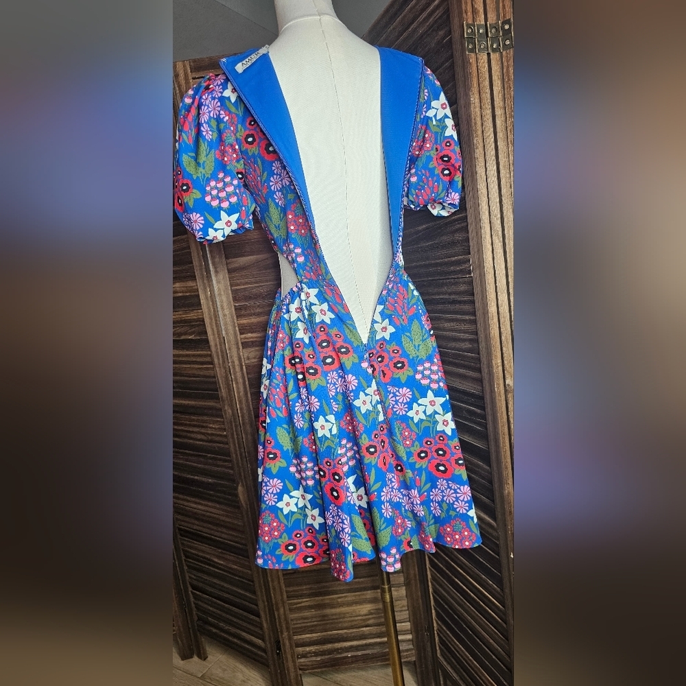 AMUR Blue Floral Puff Sleeve Cutout Mini Dress Size 00 Summer Party Wedding - Picture 7 of 12